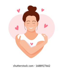 Love yourself. Love your body concept. Girl Healthcare Skincare. Take time for your self. Vector illustration. Woman hugging herself with hearts on white background. Pastel cute soft colors. Relax