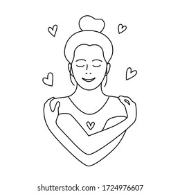 Love yourself. Love your body concept. Coloring page. Girl Healthcare Skincare. Take time for your self. Vector outline illustration. Woman hugging herself with hearts on white background. Line style