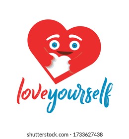 Love yourself. Love your body concept. Heart Healthcare Skincare. Take time for your self. Vector illustration. Heart hugging itself with heart on white background. Cute cartoon.

