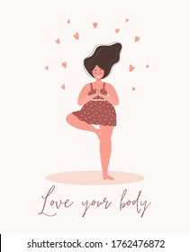 Love yourself. Love your body concept. Girl Healthcare Skincare. Take time for your self. Calm woman in dress with hearts on white background. Pastel cute soft colors. Vector illustration. Flat style.