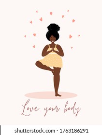 Love yourself. Love your body concept. Take time for your self. Calm african woman in dress with hearts on white background. Pastel cute soft colors. Vector illustration. Flat style.