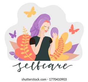 Love yourself. Love your body concept. Girl Healthcare Skincare. Take time for yourself. Relax. Vector lifestyle concept card with text selfcare.