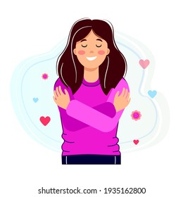 Love yourself. Love your body concept. Girl Healthcare Skincare. Take time for your self. Vector illustration. Woman hugging herself with hearts on white background. Pastel cute soft colors. Relax