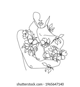 Love yourself. Love your body concept. Girl Healthcare Skincare. Take time for your self. Vector illustration. Woman hugging herself with flowers on white background. Line art drawing