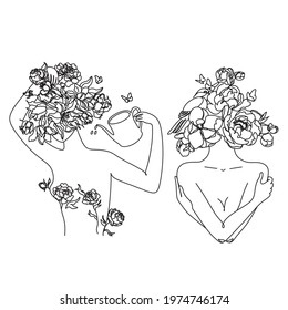 Love yourself. Love your body concept. Girl Healthcare Skincare. Take time for your self. Vector illustration. Woman hugging herself with hearts on white background. Pastel cute soft colors. Relax