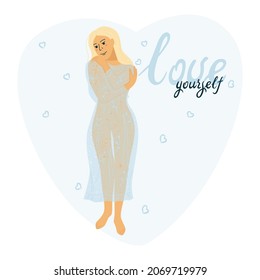 Love yourself. Love your body concept. Take time for your self. Vector illustration. Woman hugging herself with hearts on white background. Pastel blue cute soft colors
