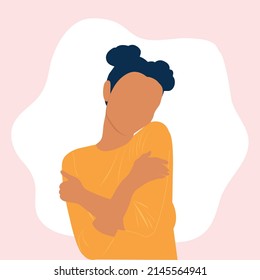 Love yourself. Love your body concept. Girl Healthcare Skincare. Take time for your self. Vector illustration. Woman hugging herself with hearts on white background. Pastel cute soft colors. Relax