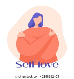 Love yourself. Love your body concept. Girl Healthcare Skincare. Take time for yourself. Vector illustration. Woman hugging herself. Pastel cute soft colors. Isolated on background