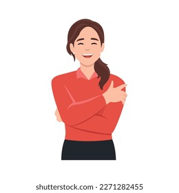 Love yourself. Love your body concept. Girl Healthcare Skincare. Take time for your self. Vector illustration. Woman hugging herself. 