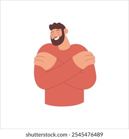 Love yourself. Love your body concept. Take time for your self. Man hugging himself isolated on white background. Modern flat vector illustration.