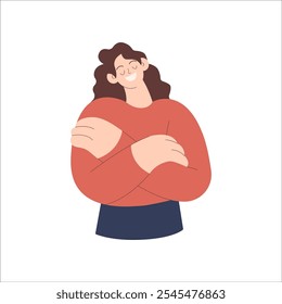 Love yourself. Love your body concept. Take time for your self. Woman hugging herself isolated on white background. Modern flat vector illustration.