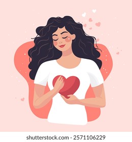 Love yourself. Love your body concept. Girl Healthcare Skincare. Take time for your self. Vector illustration. Woman hugging a heart with hearts on pink background. Pastel cute soft colors. Relax