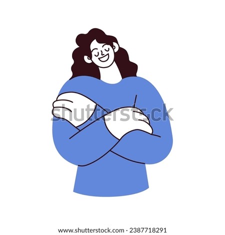 Love yourself. Love your body concept. Take time for your self. Woman hugging herself isolated on white background. Black and white modern flat vector illustration