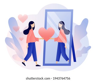Love yourself. Love your body. I love myself. Bodypositive concept. Tiny lady looks at her reflection in mirror, expressing self love and care. Modern flat cartoon style. Vector illustration
