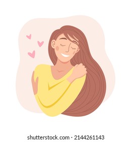 Love yourself. Love your body. Time for yourself. Woman hugging herself with hearts on a white background. Vector flat illustration in pastel colors