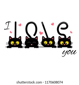 I love you-the slogan for t-shirts and textiles. Four cats, the word love is written in tails. Vector illustration.