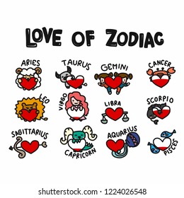 Love of zodiac cartoon doodle set vector illustration