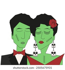 Love Zombie couple isolated transparent background. Stylish korean person. Halloween concept in trendy brutal geometric style. Vector illustration can used gothic bridal invitation. EPS 10