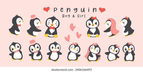 Lieblicher Valenntiner Pinguin Junge und Mädchen handgezeichnet Cartoon Set, fröhliche Tiercharakter.