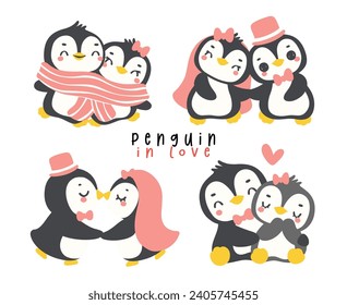 Liebliches Valentinpinguin-Paar in liebevoll gezeichnete Cartoon-Element Set, Fröhliche Tiercharakter.