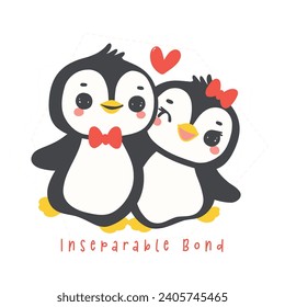 Loveable Valenntine penguin couple in a whimsical hand drawn cartoon, perfect for romantic greetings and festive occasions.