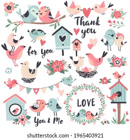 Lovebird Set, Family Birds Collection For Wedding Invitation Card, Romantic Sticker Kit