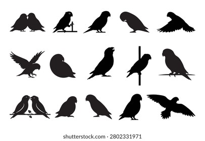 Lovebird Silhouettes Vector Set – Parrot and Parakeet Icon Collection