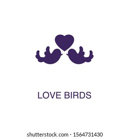 Lovebirds element in flat simple style on white background. Lovebirds icon, with text name concept template