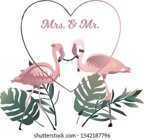 Lovebirds - Flamingos Mrs. and Mr. Married Holding Rings Florals