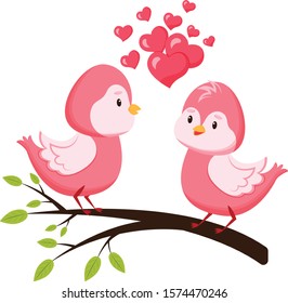 Lovebirds on a branch. Valentine's Day. Arrival of spring. Spouses day. Template for greeting cards, prints. Isolated on white background.