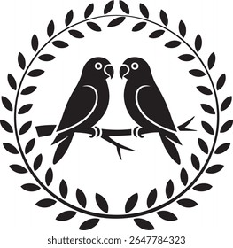 Lovebirds Silhouette in Laurel Wreath Vector

