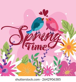 Lovebirds in spring bloom. Vector illustration
