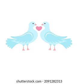 Lovebirds. Two lovebirds kissing each other, a heart between them. Image of love and fidelity. Icon, clipart for Valentine's Day cards, invitations. Vector flat illustration, cartoon style.