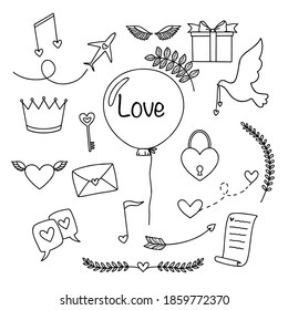 Love.Cartoon icon. Web icon set. Wedding concept. Doodle design elements. Graphic elements. Line art print. Heart scribble drawing. Decorative print.