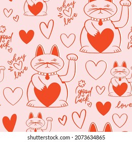 Lovecore lucky cat pattern in pink and red with hearts and lettering background print design. Pop art vector illustration. Fun and cute seamless repeat surface design for girls, kids and kitsch home