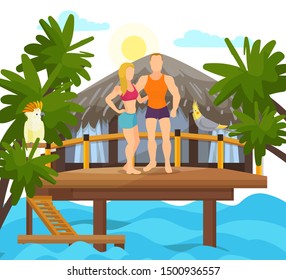Loved couple family honeymoon vector illustration. Couple on vacay swimwear standing on terrace, seawater in front of bungalow near palm trees parrots kakadu corella. Exotic tropical island vacation