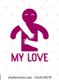 Loved man with care hands of a lover woman hugging and caresses his chest, vector icon logo or illustration in simplistic symbolic style.