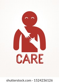 Loved man with care hands of a lover woman hugging him around from behind, vector icon logo or illustration in simplistic symbolic style.