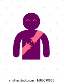 Loved man with care hands of a lover woman hugging him around from behind, vector icon logo or illustration in simplistic symbolic style.