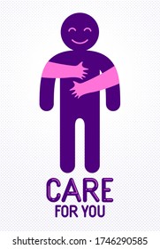 Loved man with care hands of a lover woman hugging and caresses his chest, vector icon logo or illustration in simplistic symbolic style.