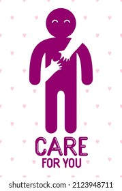 Loved man with care hands of a lover woman hugging him around from behind, vector icon logo or illustration in simplistic symbolic style.