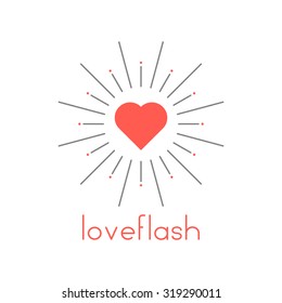 loveflash with red heart and sun burst. concept of marriage or wedding badge, sunlight, flare, boom, sunlight. isolated on white background. flat style trend modern logotype design vector illustration