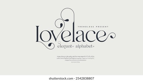 Lovelace: Una tipografía serif refinada y clásica con un toque moderno. Elegante alfabeto con ligaduras y números, ideal para diseños modernos y minimalistas.
