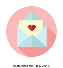 Loveletter icon, open envelope and letter icon. Beautiful colors, long shadow, isolated on a white background