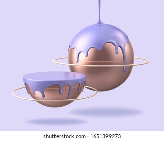 Lovely 3d illustration bronze planet with violet purple liquid dripping on it