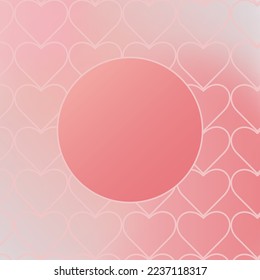 Lovely abstract background with repeating hearts and round frame for text in center. Square design template for social media in Y2k style. Blurry dreamy romantic pink gradient. Aesthetic backdrop.