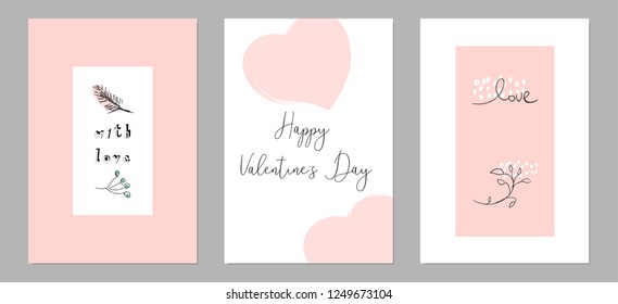 Lovely Abstract Hand Drawn Greeting Cards with traditional symbols of Valentine's Day. Cute cartoon gentle background for invitations, gift tag, wrapping, anniversary, Valentine's days party, wedding