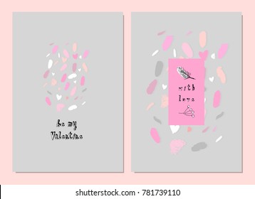 Lovely Abstract Hand Drawn Greeting Cards with traditional symbols of Valentine's Day. Cute cartoon gentle background for invitations, gift tag, wrapping, anniversary, Valentine's days party, wedding