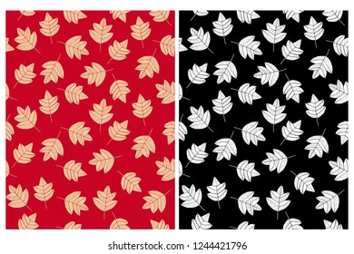 Lovely Abstract Leaves Repeatable Vector Pattern. Beige Leaves on a Red Background. White Leaves on a Black. Subtle Design. Cute Hand Drawn Artwork.