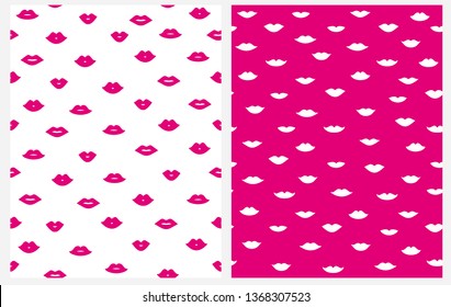 Lovely Abstract Lips Seamless Vector Pattern. Simple Imprint of Pink Lipstick Trace Isolated on a White Background. White Lips on a Pink Layout. Sweet Romantic Design With Trace of Pink Lips Kisses.